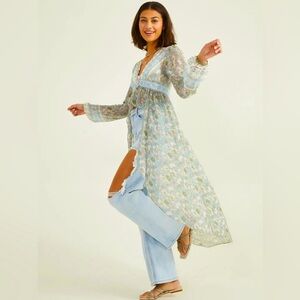 Alter'd State Sheer Pastel Chiffon Kimono  Floral Waterfall Hi-Lo Small